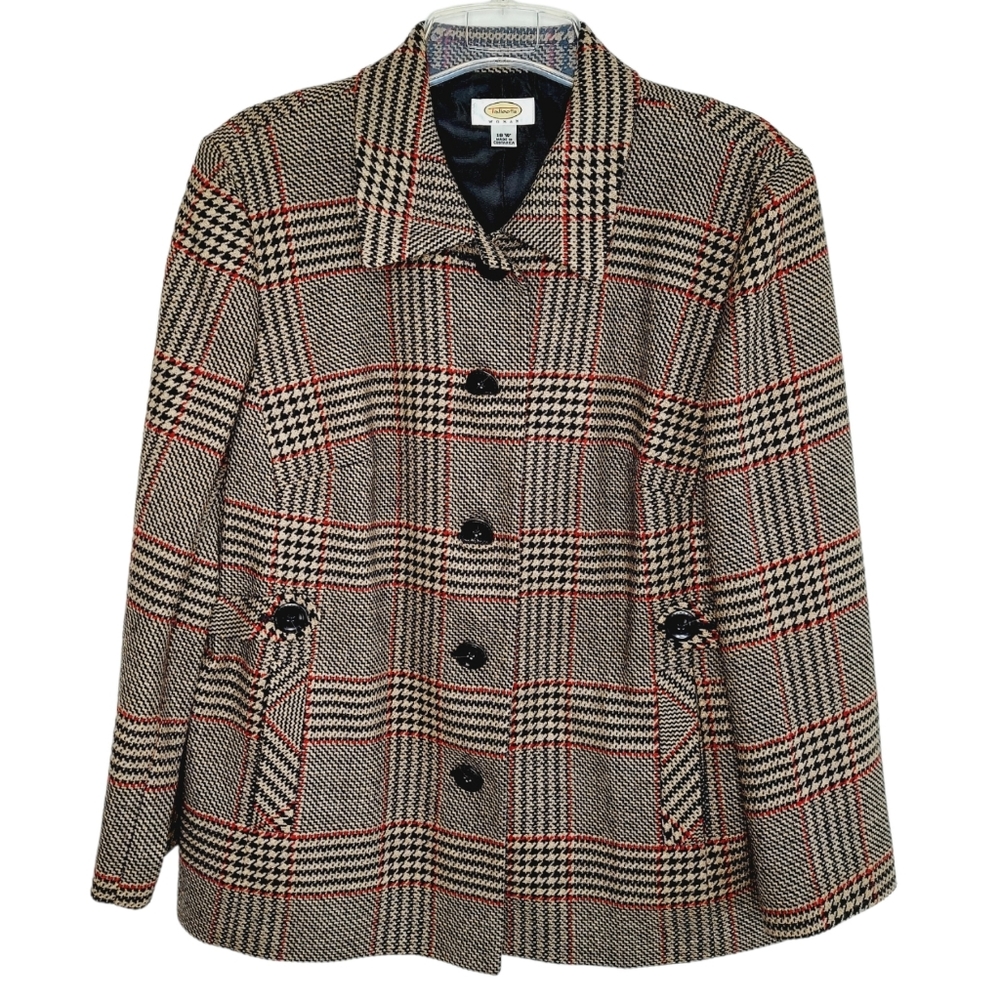 Talbots Wool Jacket Houndstooth Black Tan Plaid Windowpane Size 18W  Coat Blazer